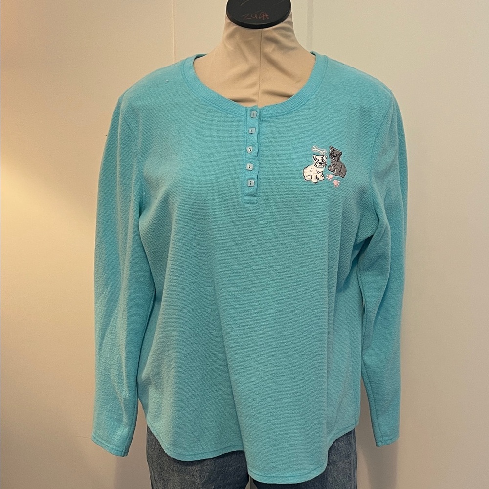 Aqua Henley Pullover with Scotty Dogs Applique